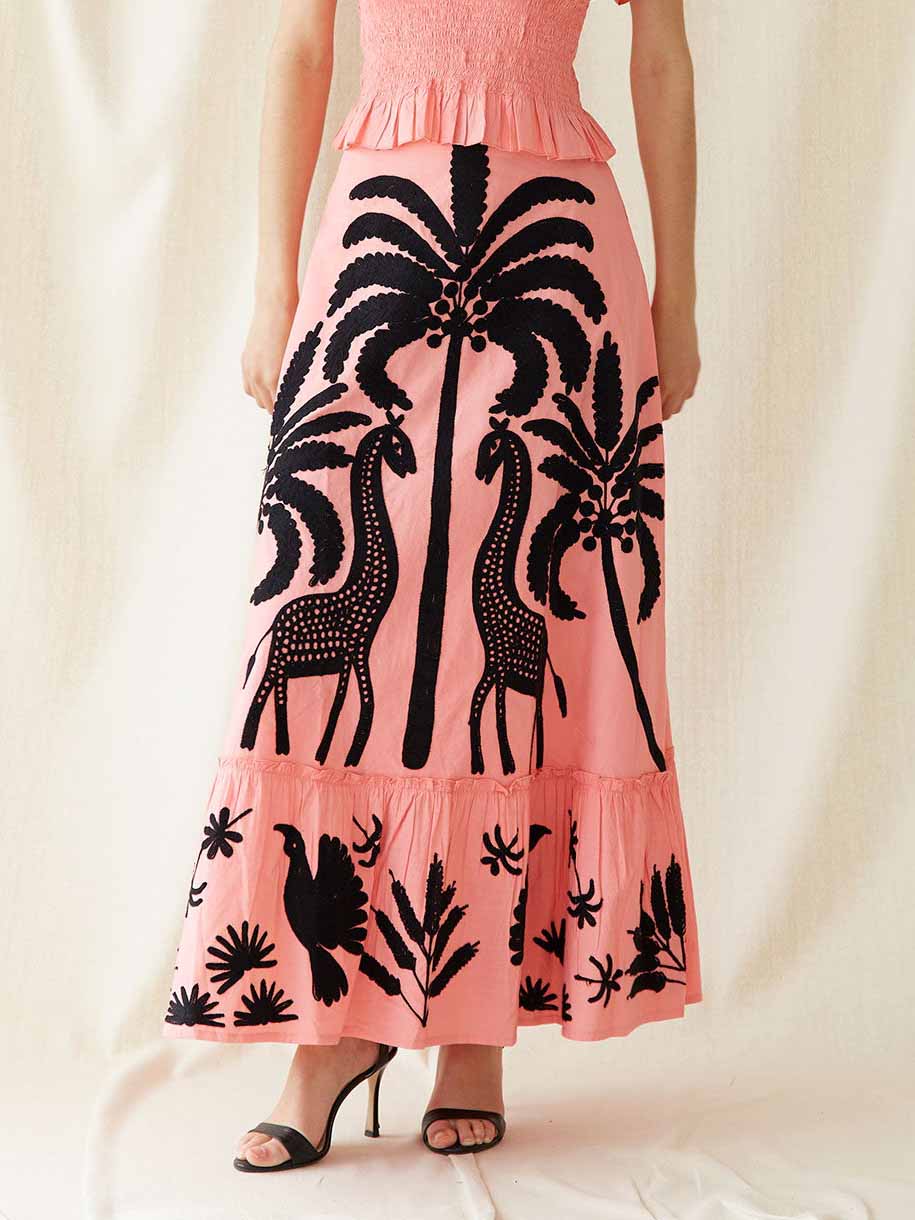 Elegant Palm Tree And Exotic Bird Print Skirt Pink