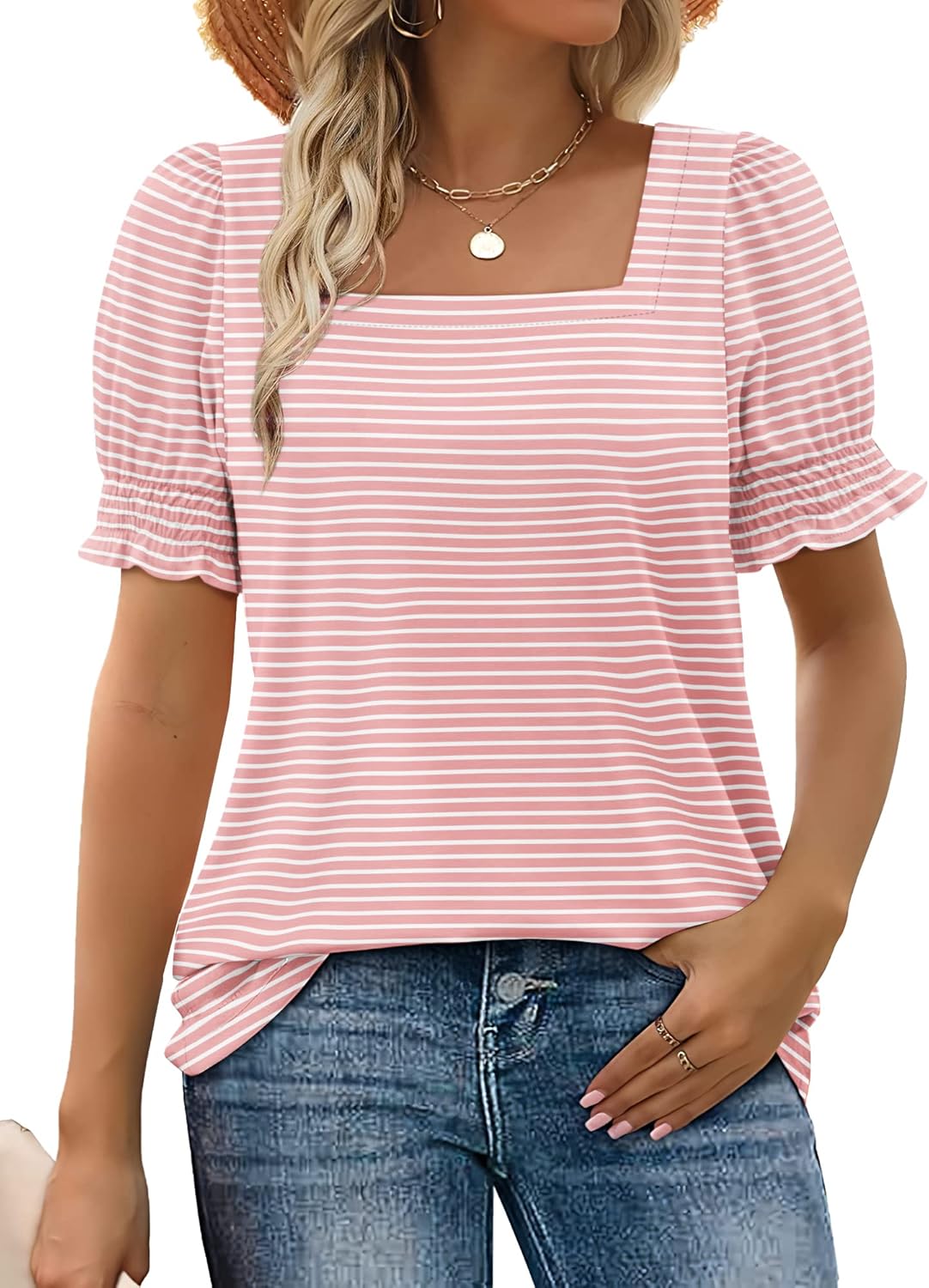 Limited time sale🔥Women's Square Neck  Smocked Sleeve T-Shirt Casual Top(BUY 3 FREE SHIPPING)