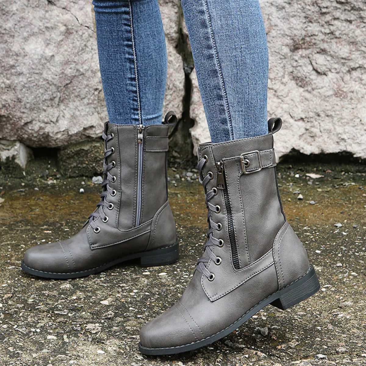 Lace-Up Ankle Boots with Zipper Detail