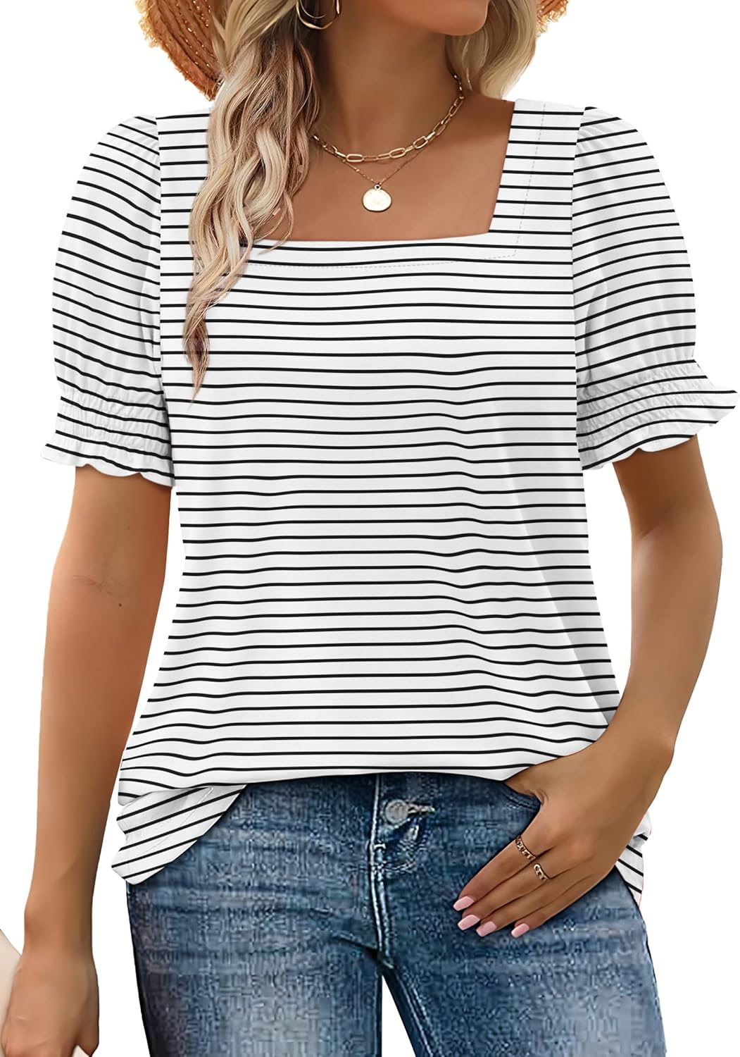 Limited time sale🔥Women's Square Neck  Smocked Sleeve T-Shirt Casual Top(BUY 3 FREE SHIPPING)
