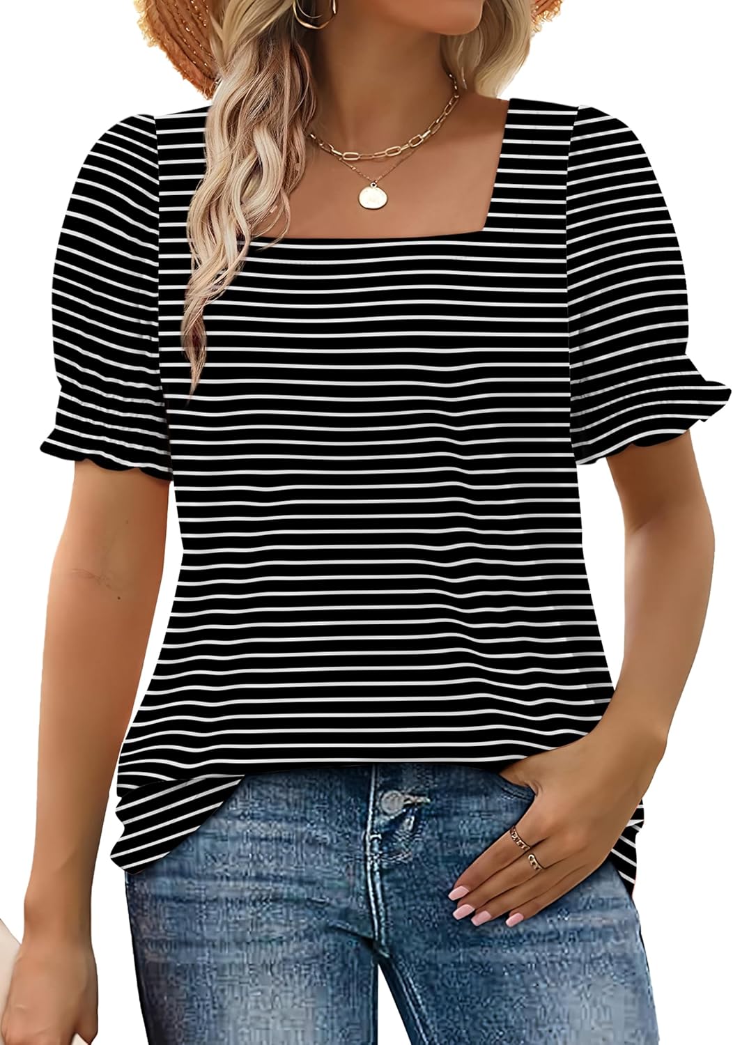Limited time sale🔥Women's Square Neck  Smocked Sleeve T-Shirt Casual Top(BUY 3 FREE SHIPPING)