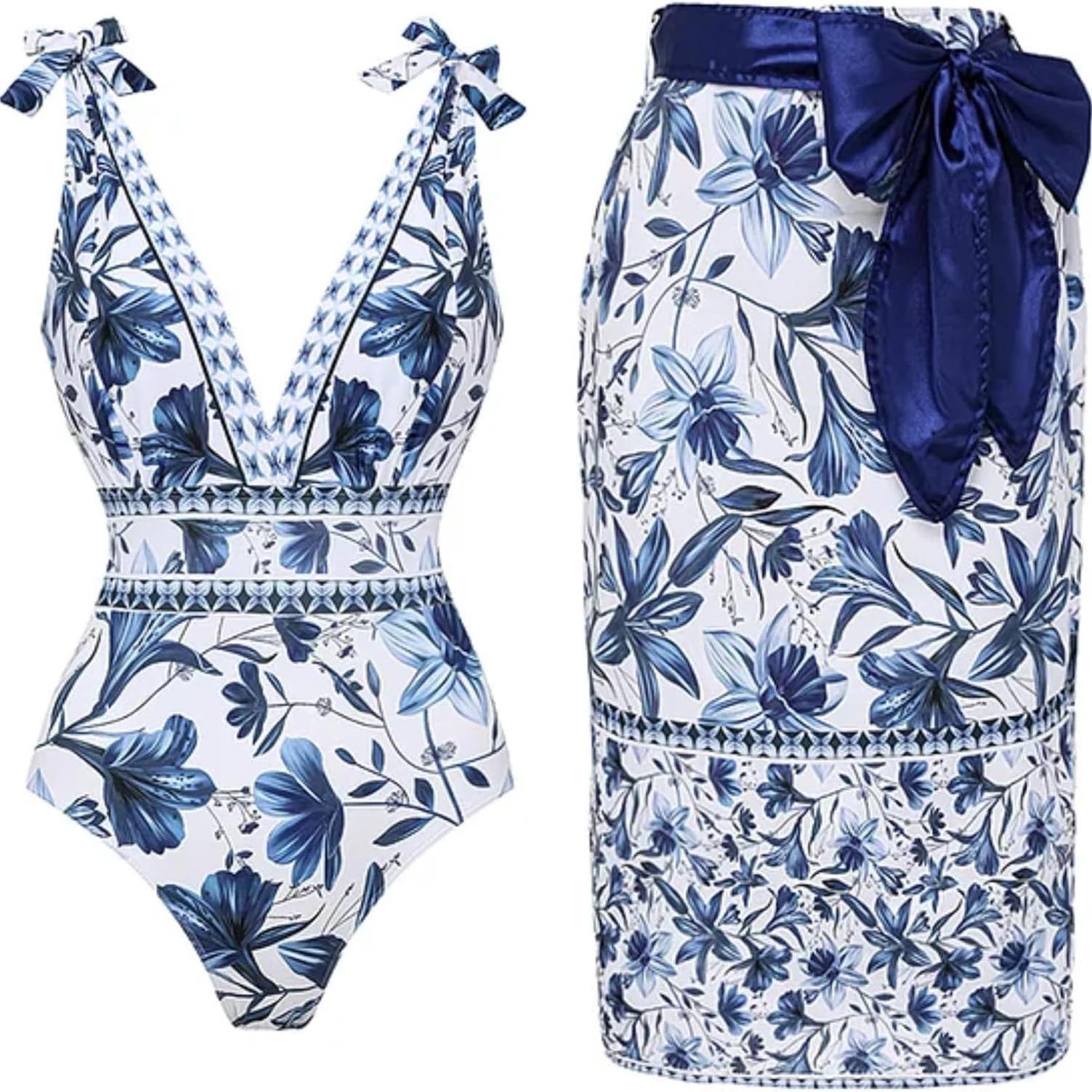 Women Adjustable Shoulder Strip Plant Prints One Piece Swimsuit and Skirt/Sarong(BUY 2 FREE SHIPPING)