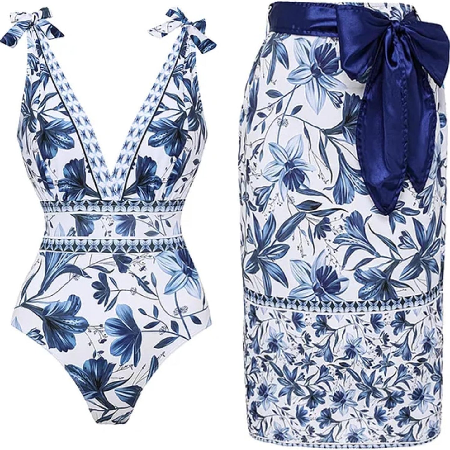 Women Adjustable Shoulder Strip Plant Prints One Piece Swimsuit and Skirt/Sarong(BUY 2 FREE SHIPPING)