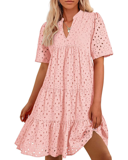 ⏰Hot Sale-Women's Elegant Hollow Out Lace Ruffle Casual Mini Dress(BUY 2 FREE SHIPPING)