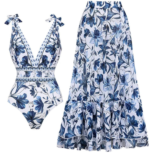 Women Adjustable Shoulder Strip Plant Prints One Piece Swimsuit and Skirt/Sarong(BUY 2 FREE SHIPPING)