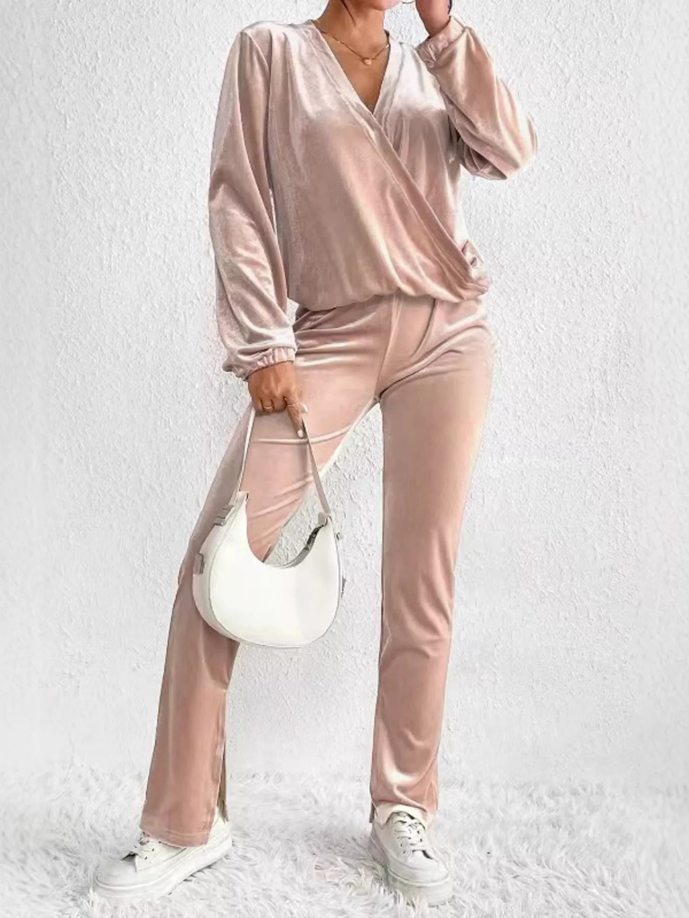 Apricot Plus Size Surplice Long Sleeve Top and Pants Set