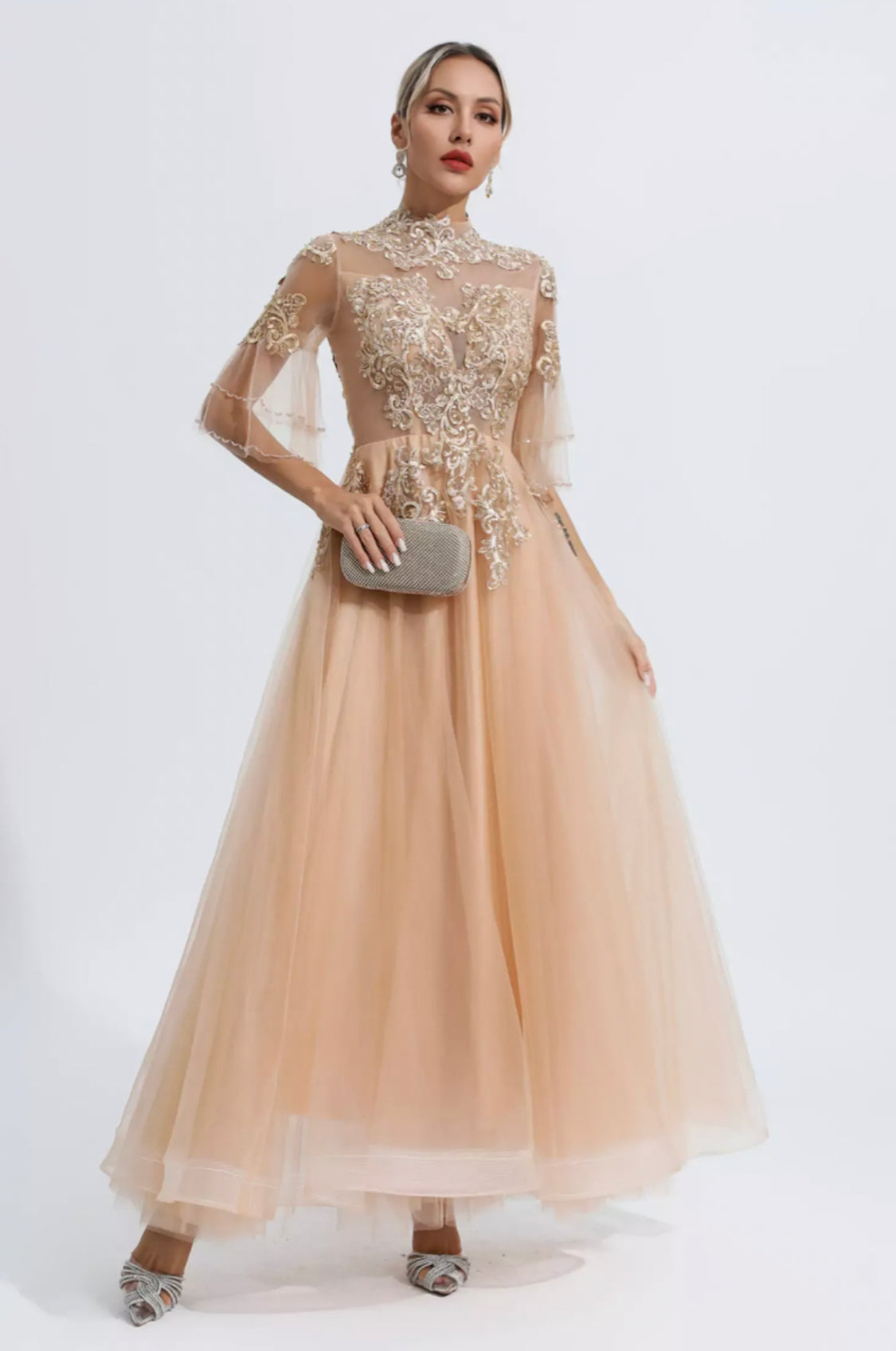 Marina gold mesh maxi dress