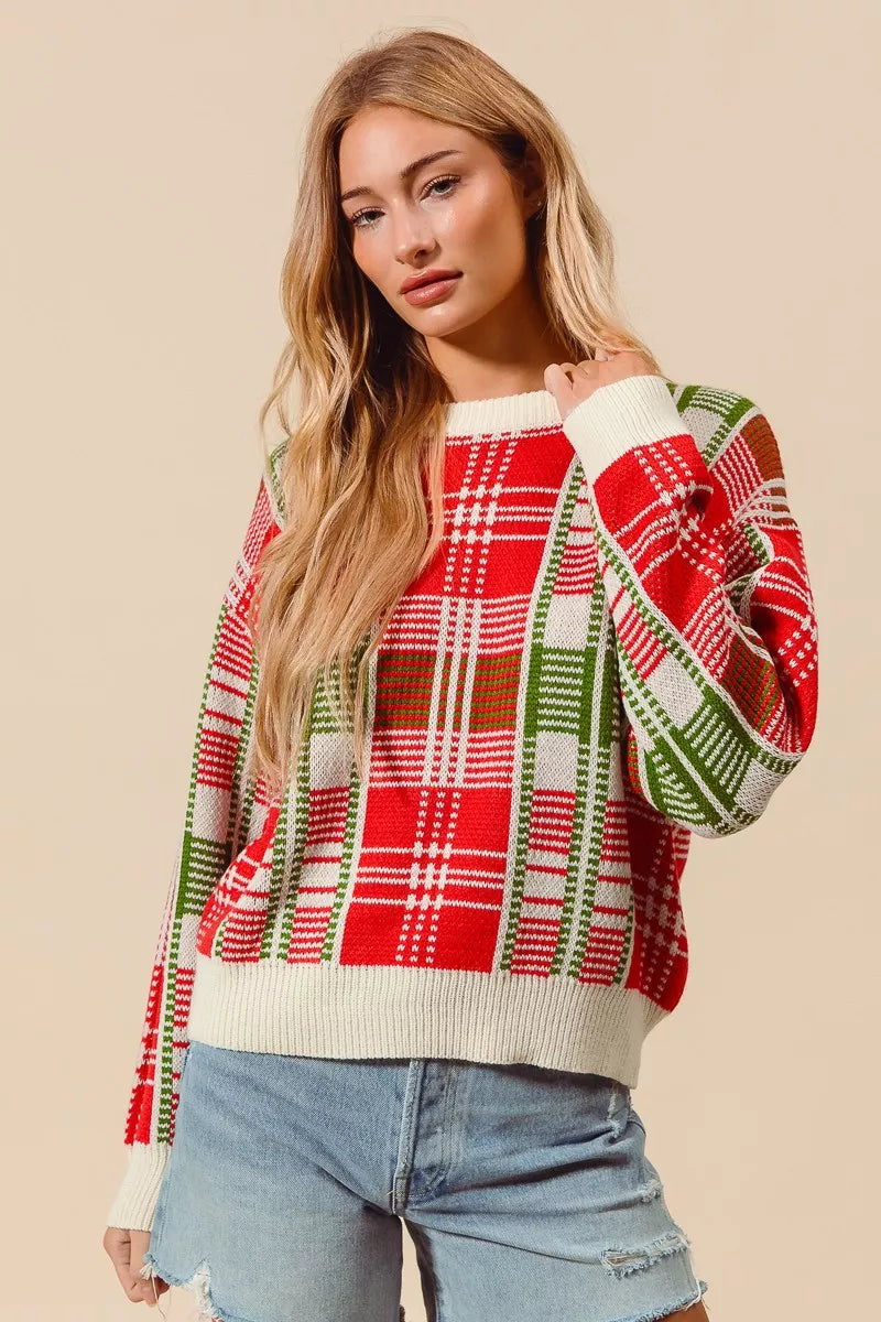 SO ME Christmas Color Checkered Plaid Crew Neck Sweater