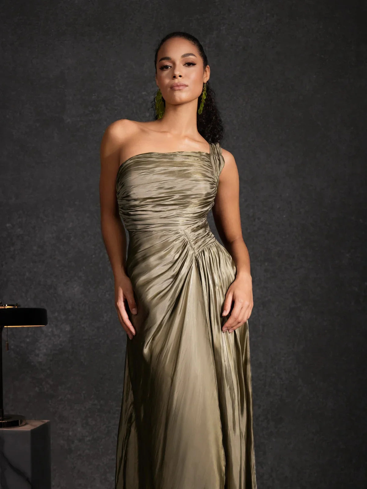 Olive One-Shoulder Satin Gown