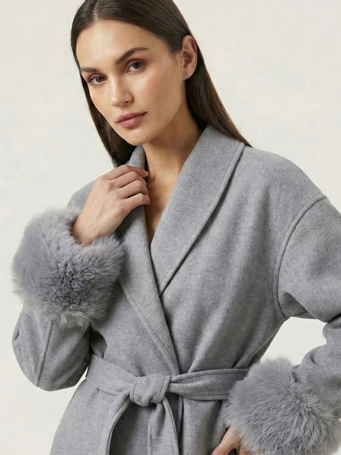 Celine | Belted Coat with Faux Fur Cuffs