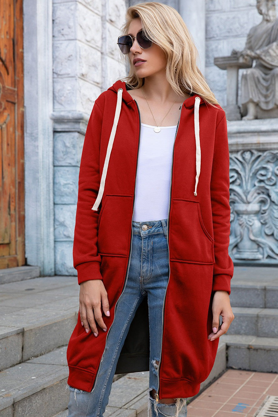 Full Size Zip-Up Longline Hoodie with Pockets Red