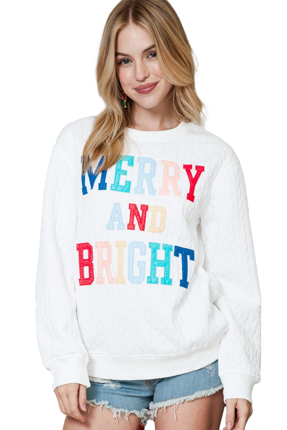 White Merry and Bright Quilted Sweatshirt