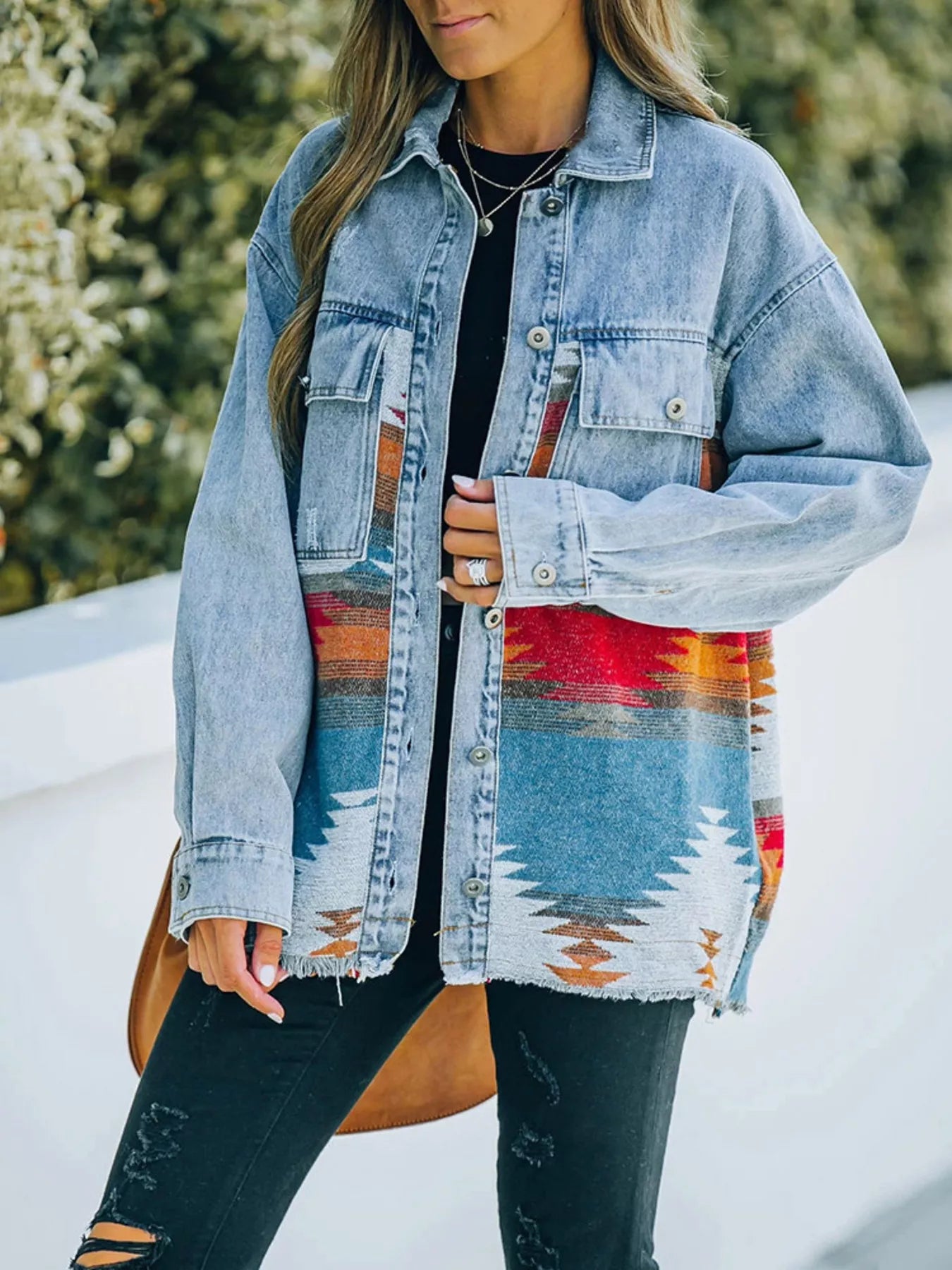 Printed Botton Down Long Sleeve Denim Jacket