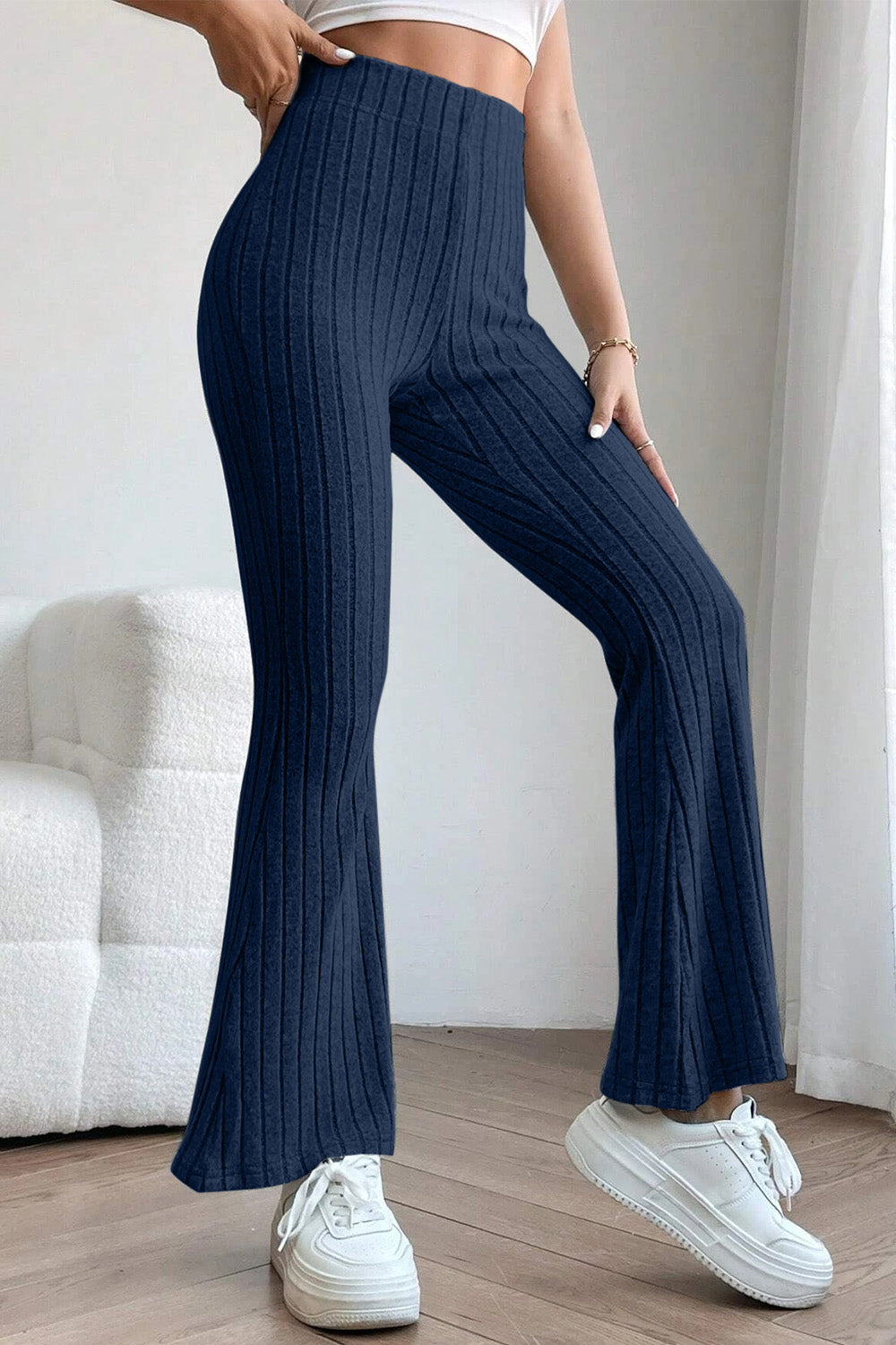 Basic Bae – Gerippte Schlaghose mit hoher Taille in voller Größe
