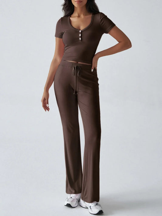 Casual Ribbed Short Sleeve Top and Pants Set