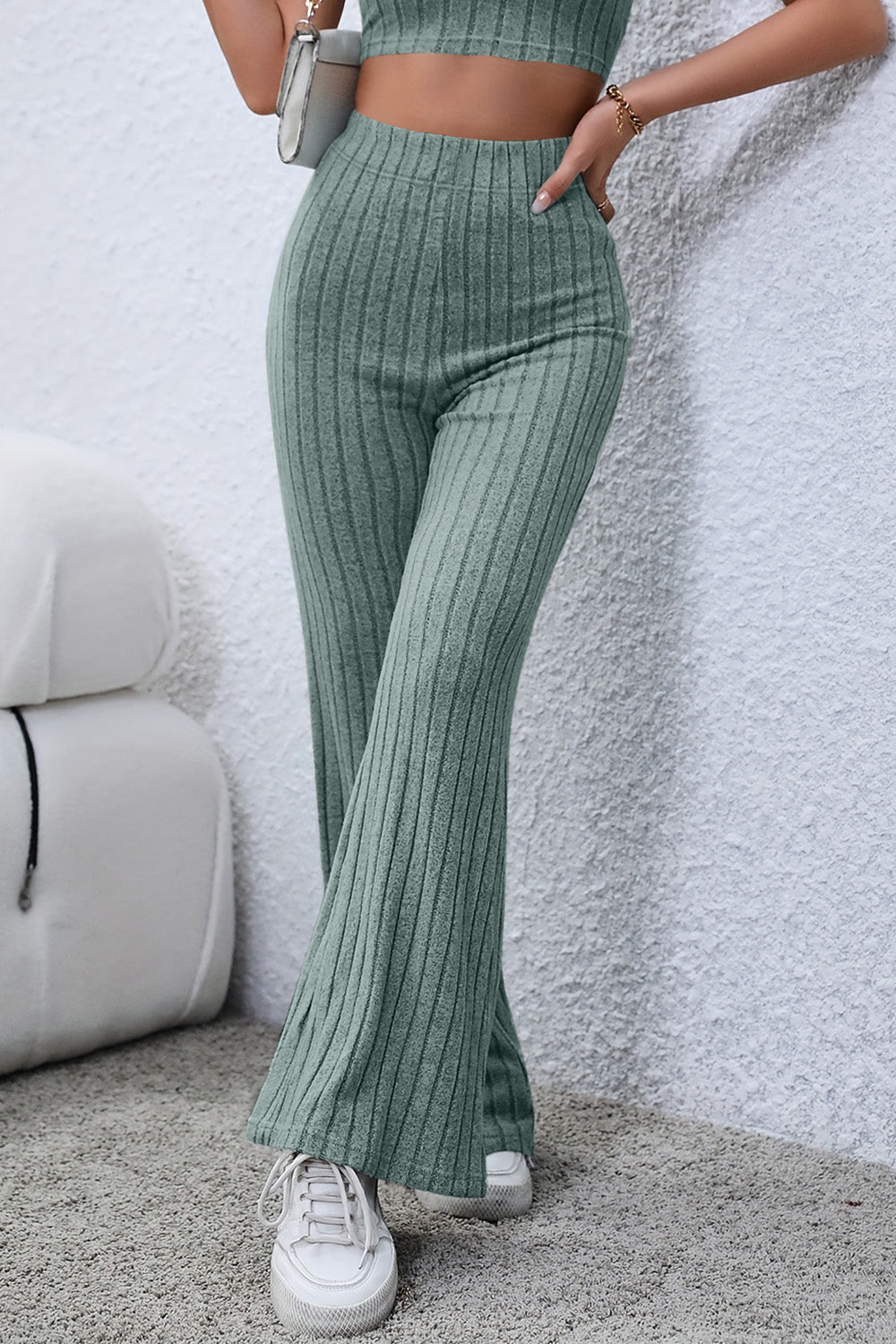 Basic Bae – Gerippte Schlaghose mit hoher Taille in voller Größe