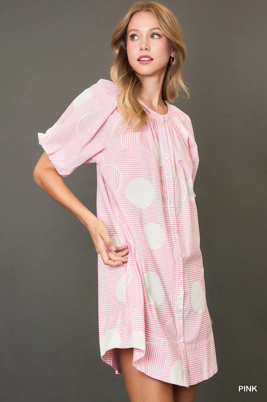 Umgee Stripe and Dot Print Button Down Puff Sleeve Mini Dress