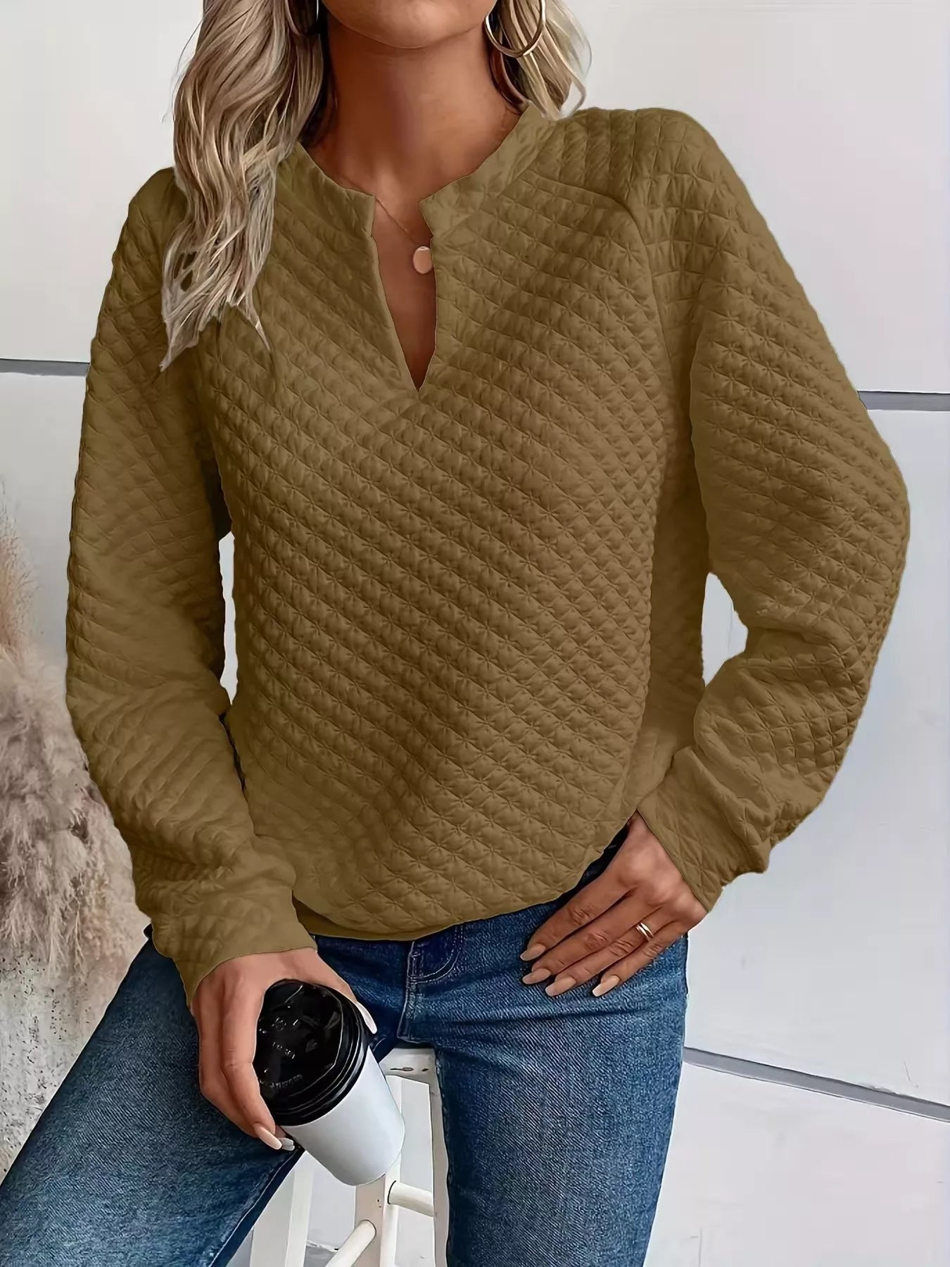 Textured Notched Raglan Sleeve Sweatshirt