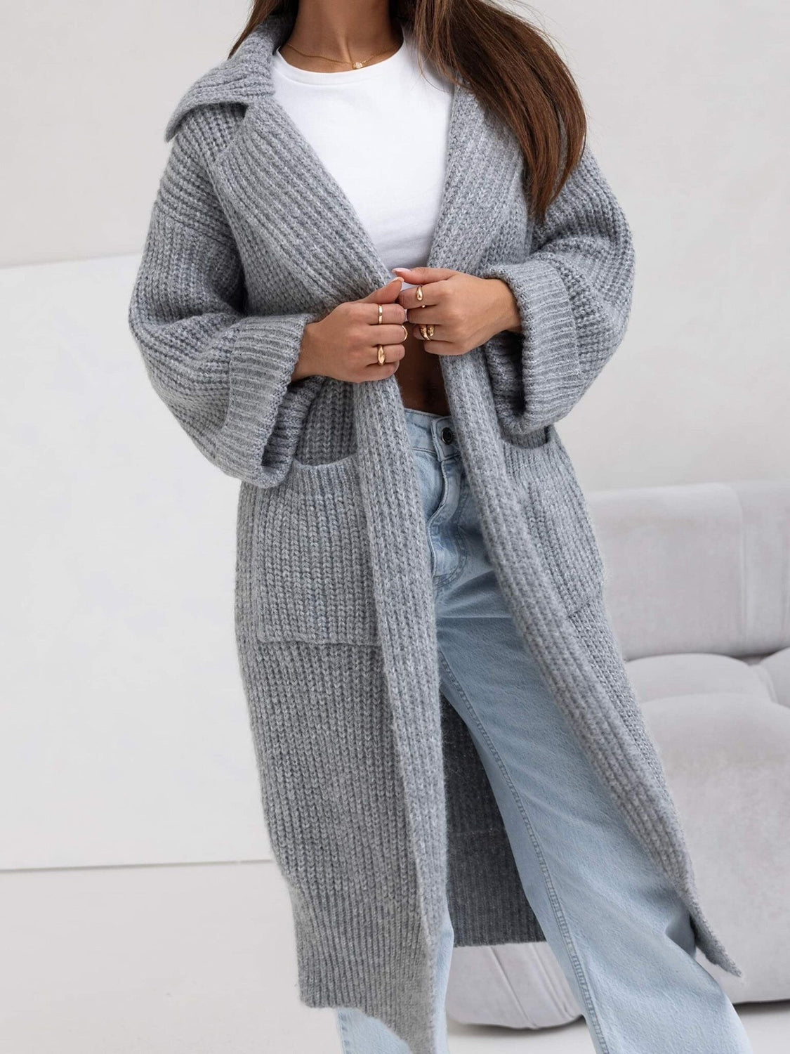 Pocketed Collared Neck Dropped Shoulder Cardigan Gray One Size