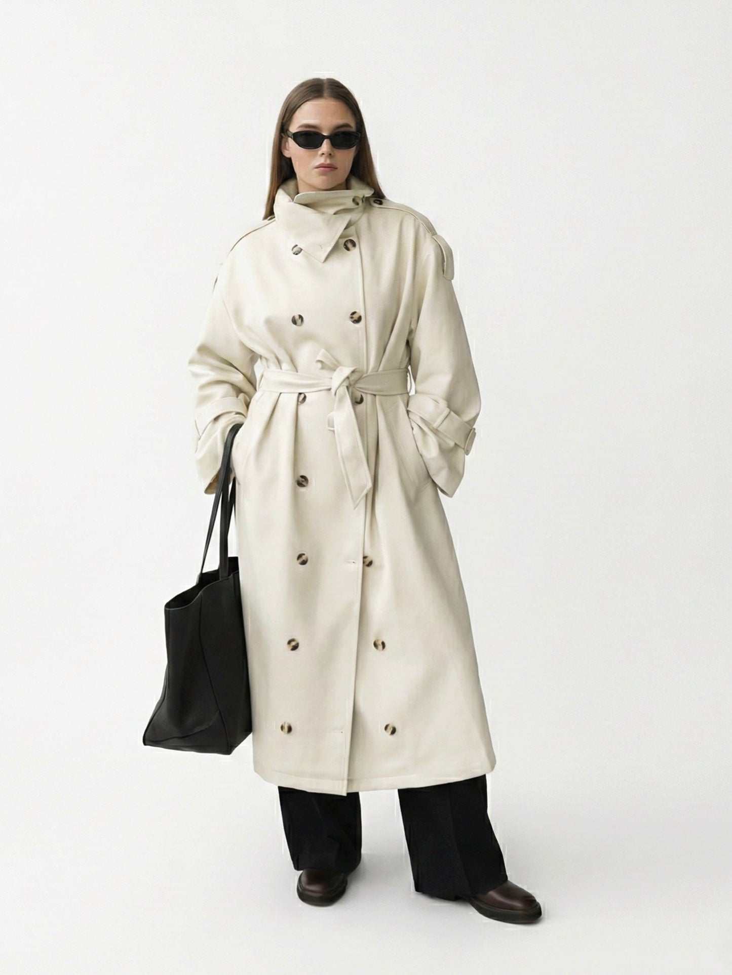Zoe | High-Neck Belted Long Trench Coat
