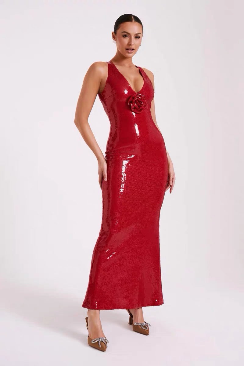 Flower sequin backless maxi dress