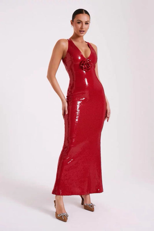 Flower sequin backless maxi dress