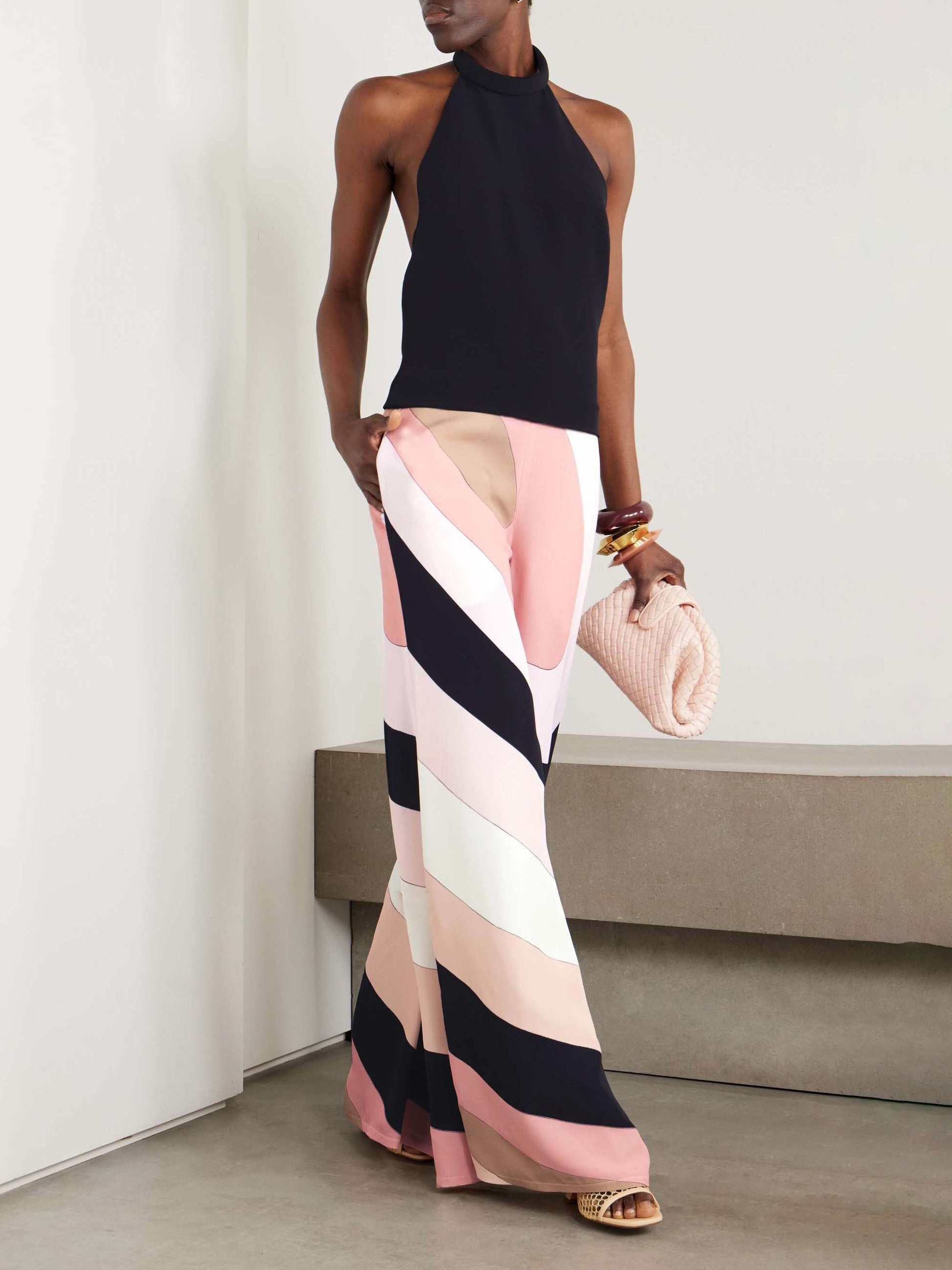 Elegant Stripe Print Halter Neck Jumpsuit Black