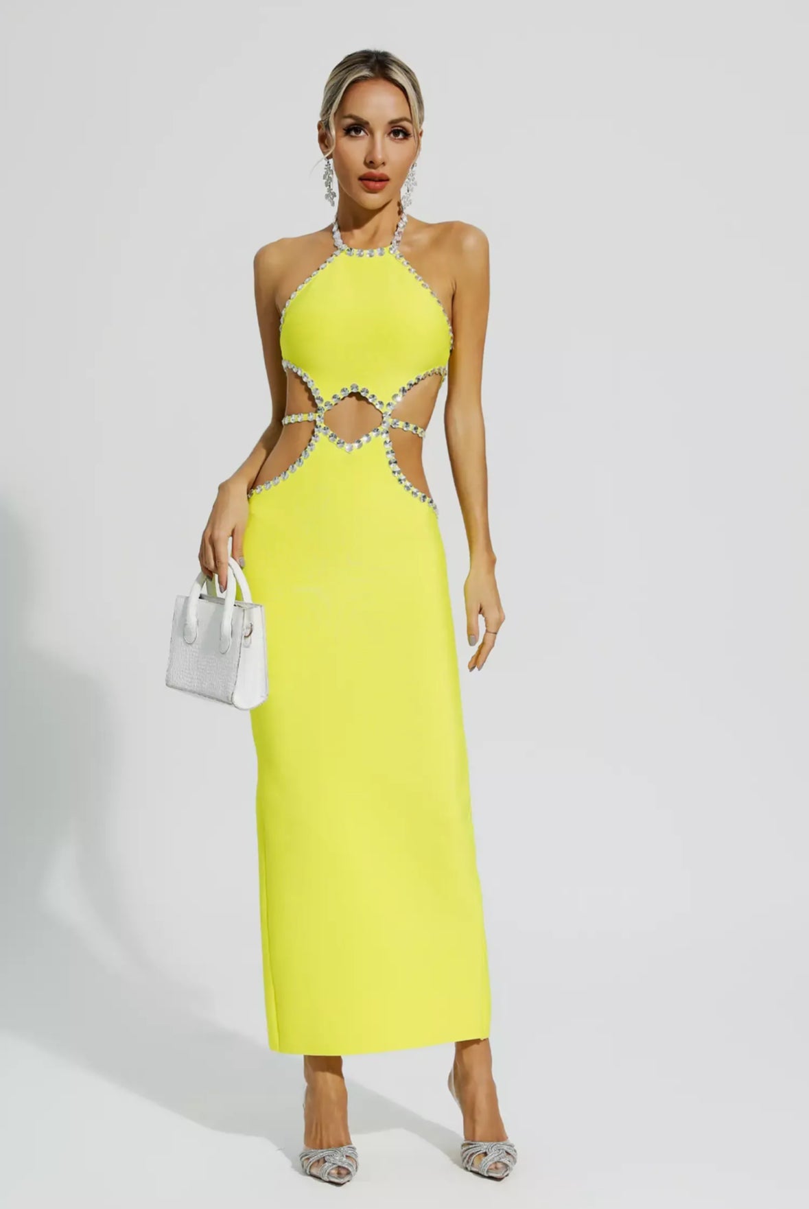 Yellow cutout rhinestone maxi dress