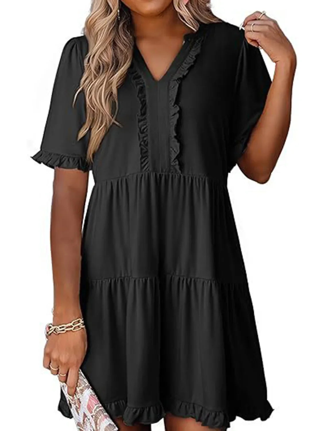 Tiered Notched Short Sleeve Mini Dress