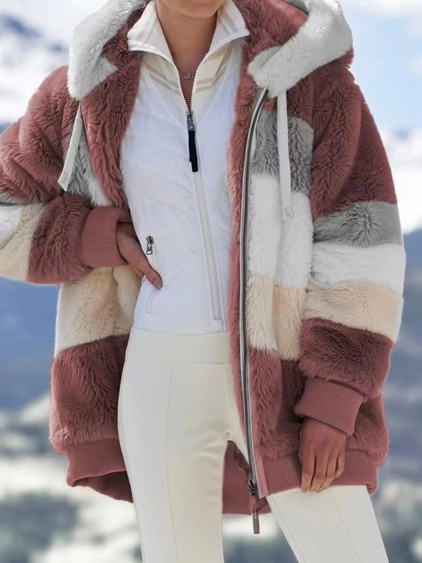 Full Size Fuzzy Zip Up Hooded Outerwear Plus Size