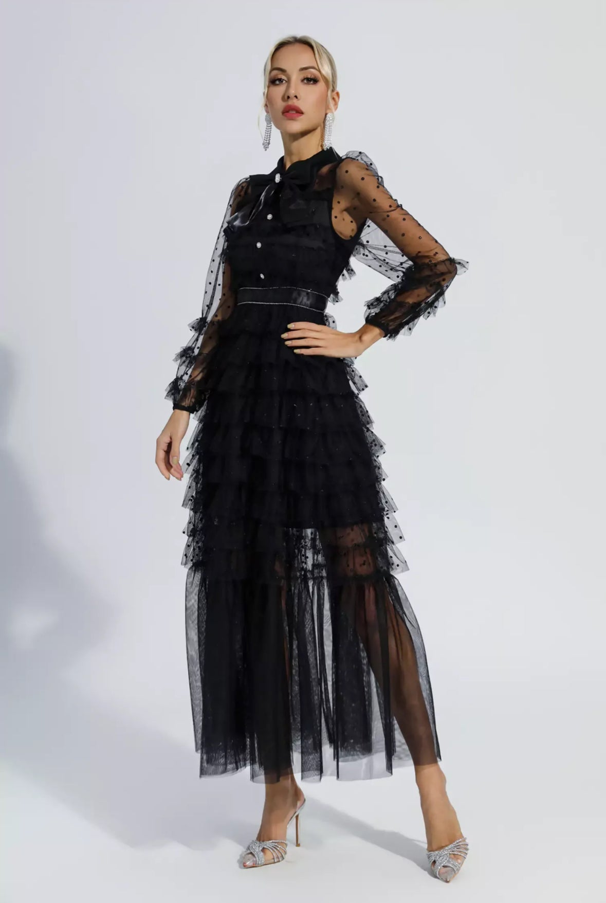 Black polka dot mesh maxi dress