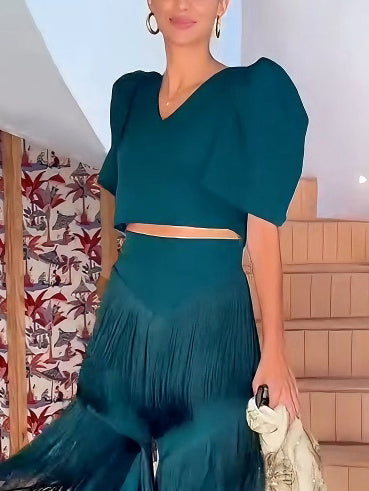 Elegant Puff Sleeve Cropped V-Neck Top Dark Green