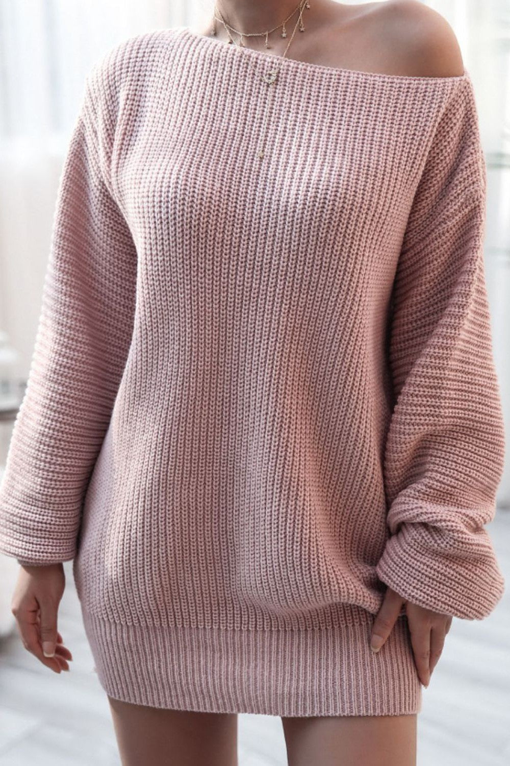 Rib-Knit Balloon Sleeve Boat Neck Sweater Dress Mauve