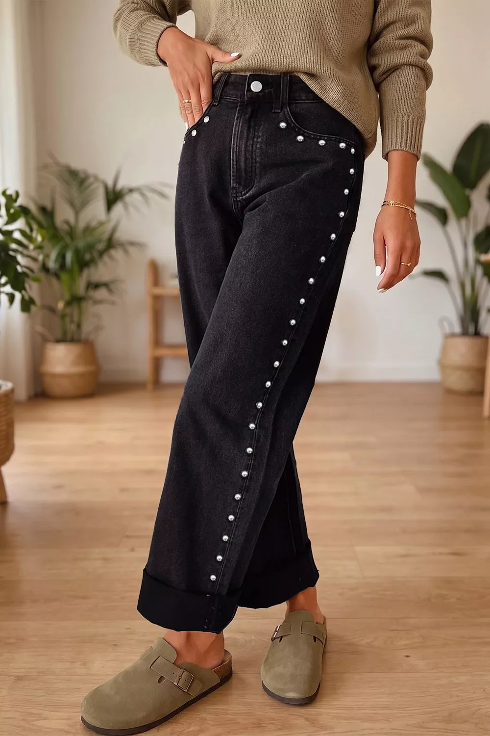 Studded Detail Straight Leg Casual Loose Jeans