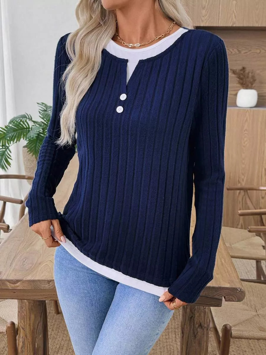 Ribbed Knit Long Sleeve Fake Two-Piece T-Shirt