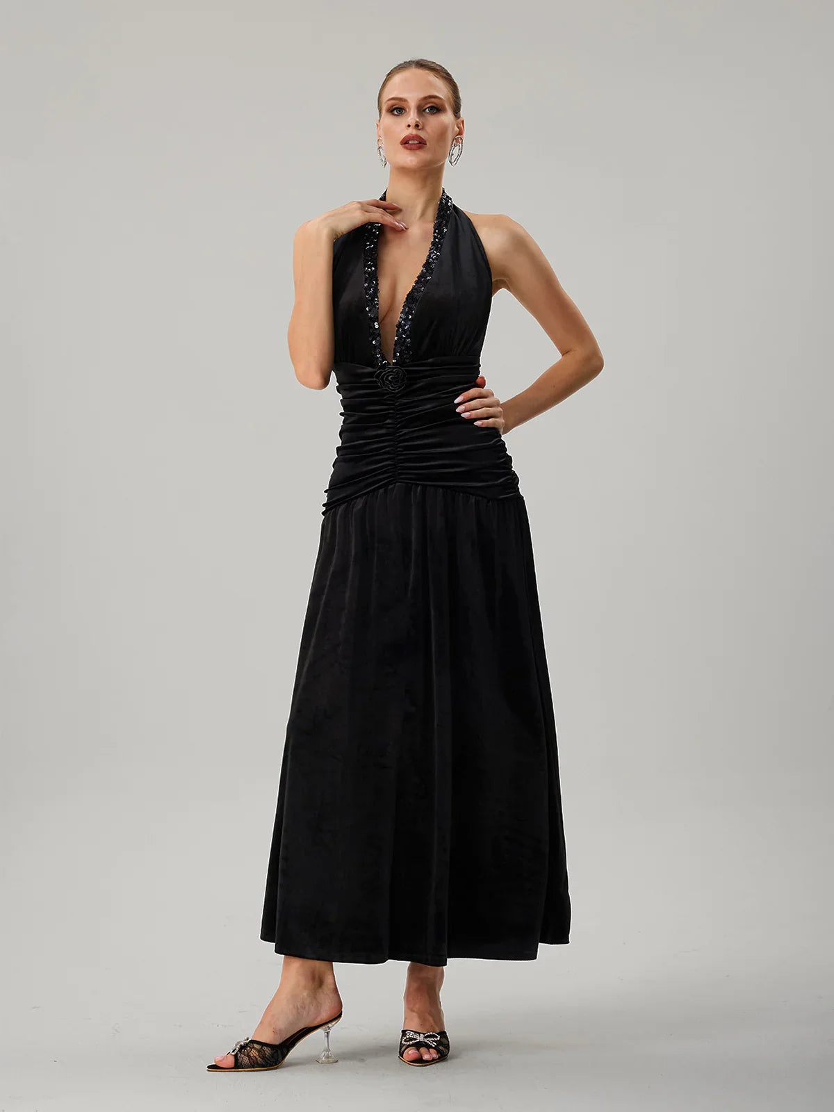 Black Halter Ruched Maxi Dress