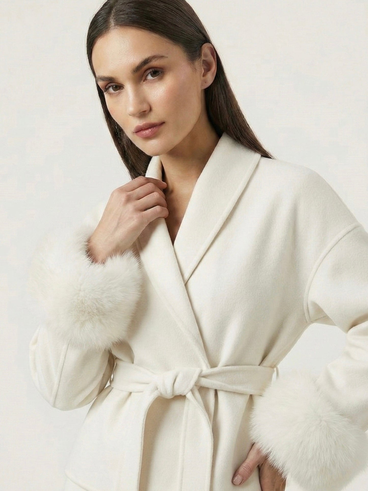 Celine | Belted Coat with Faux Fur Cuffs