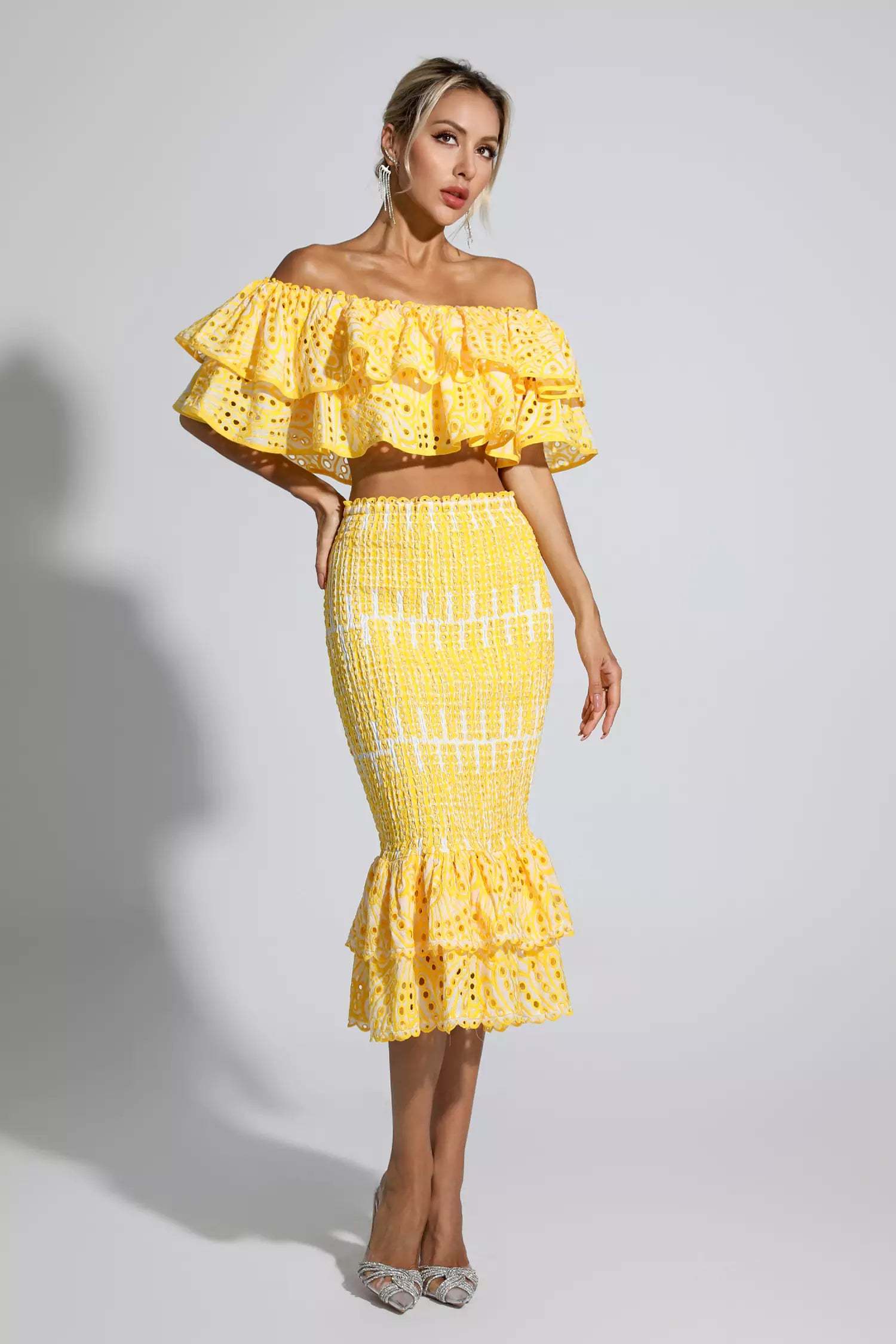 Winnie off shoulder ruffle skirt set-Yellow