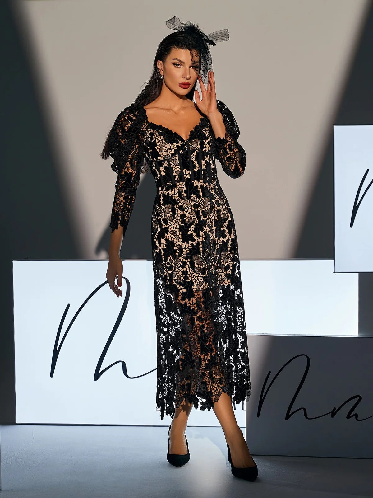 Black lace midi dress