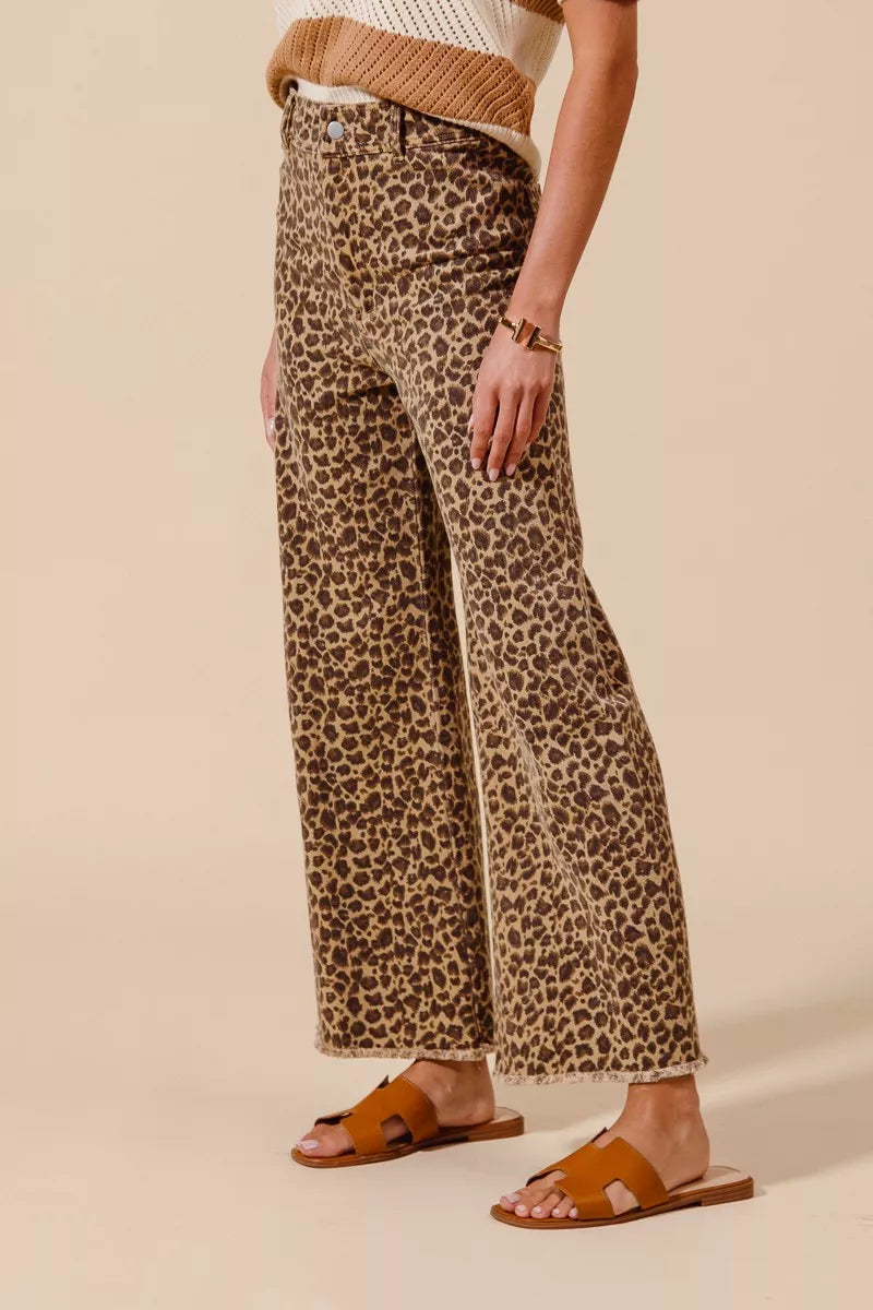 Mid Rise Leopard Twill Wide Leg Pants with Frayed Hem – Trendy Women’s Statement Trousers