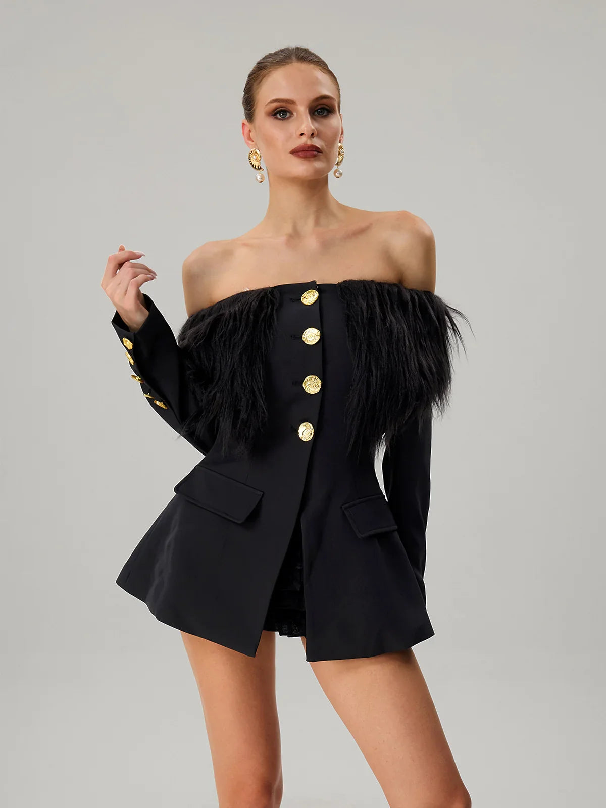 Noir Plume Off-Shoulder Blazer Dress