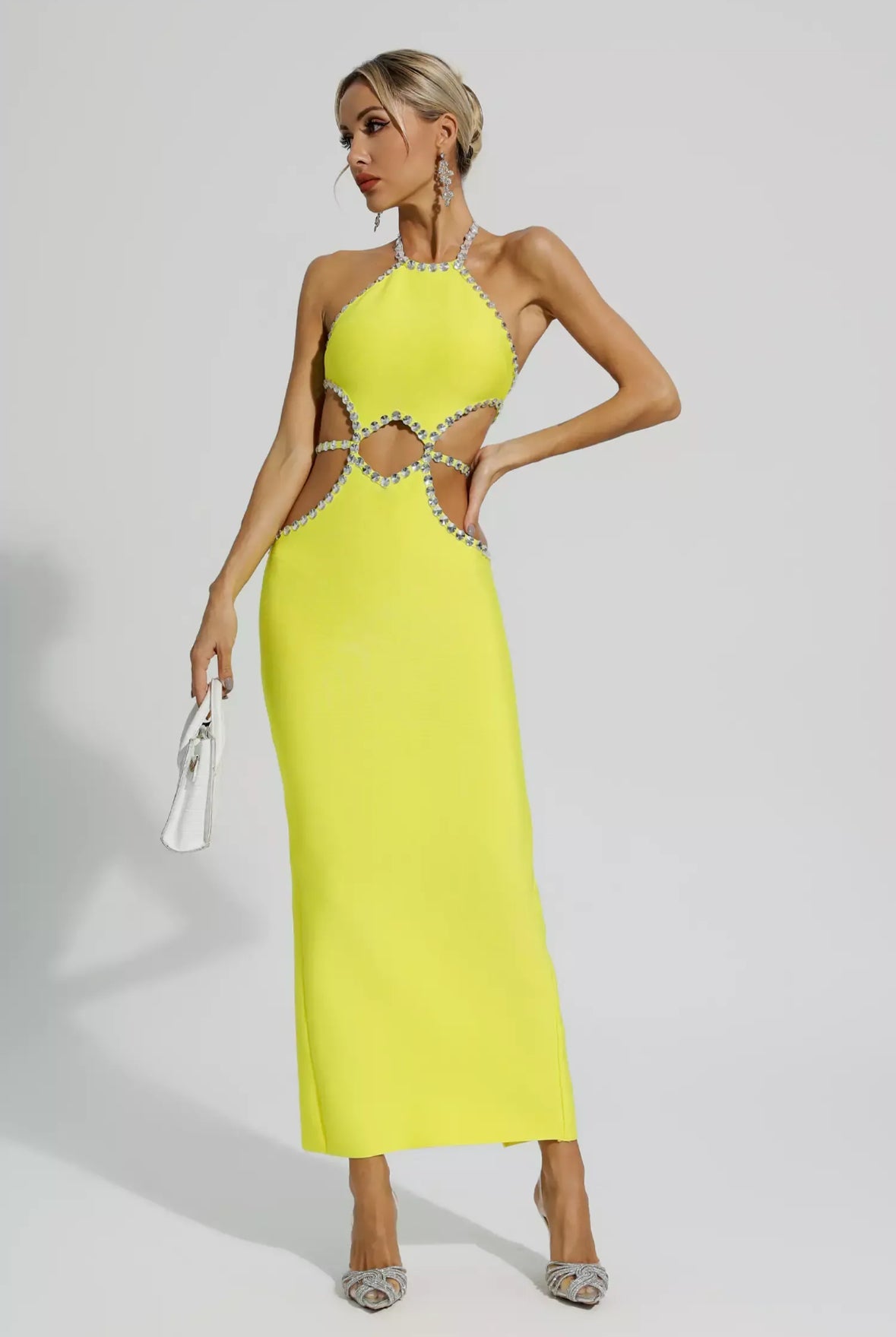 Yellow cutout rhinestone maxi dress