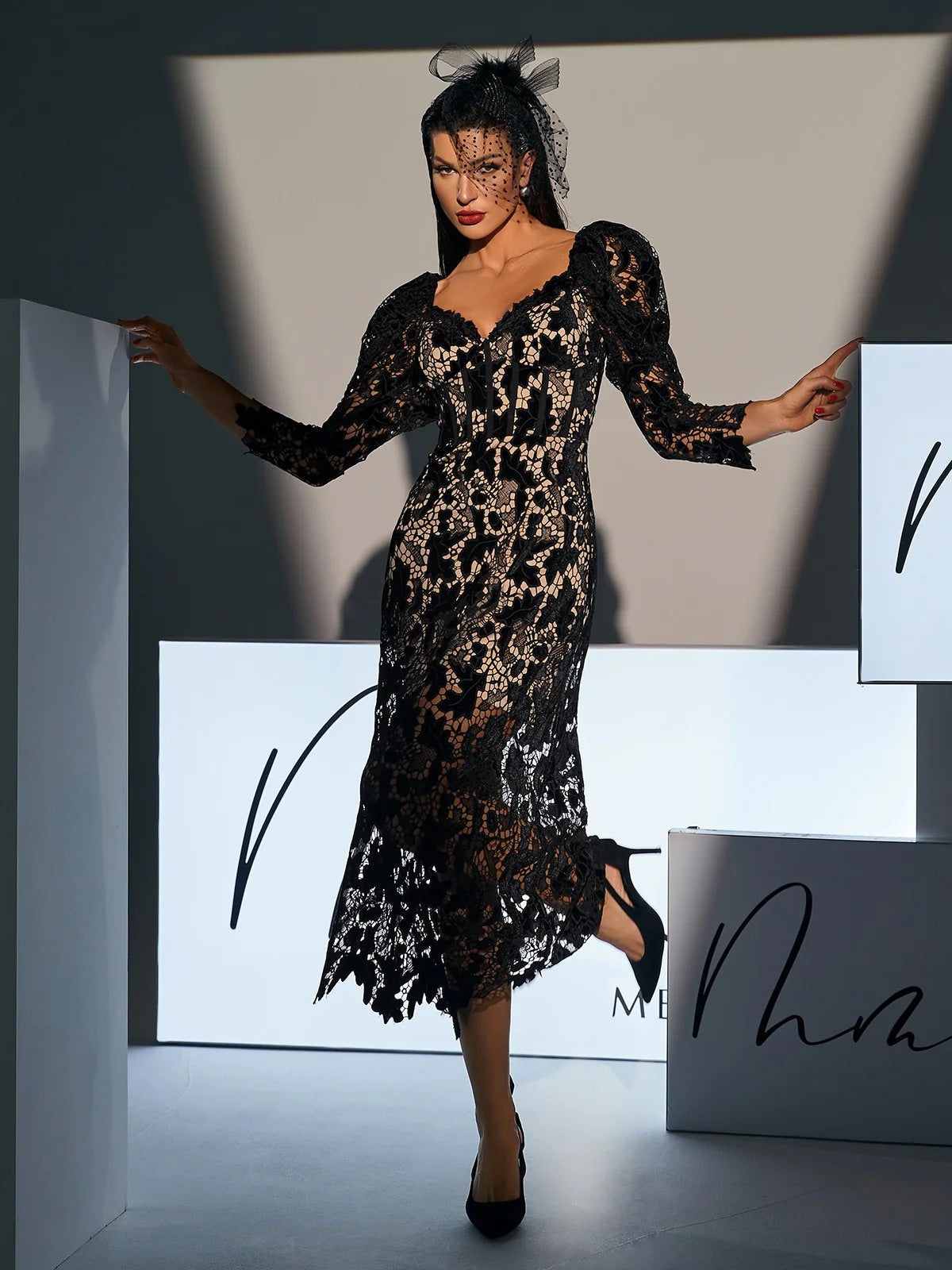 Black lace midi dress
