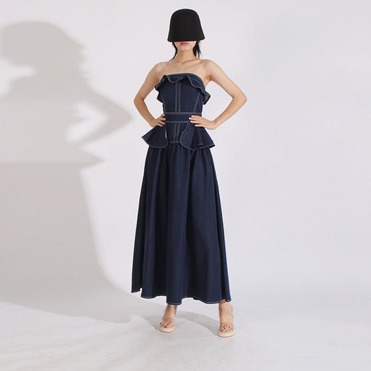 Strapless denim maxi dress