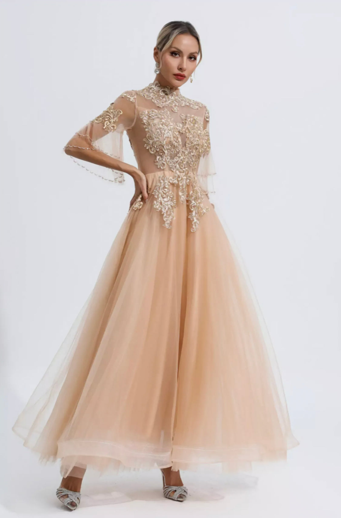 Marina gold mesh maxi dress