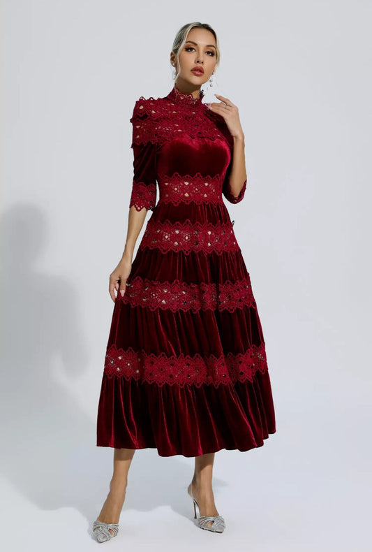Red velvet flare maxi dress