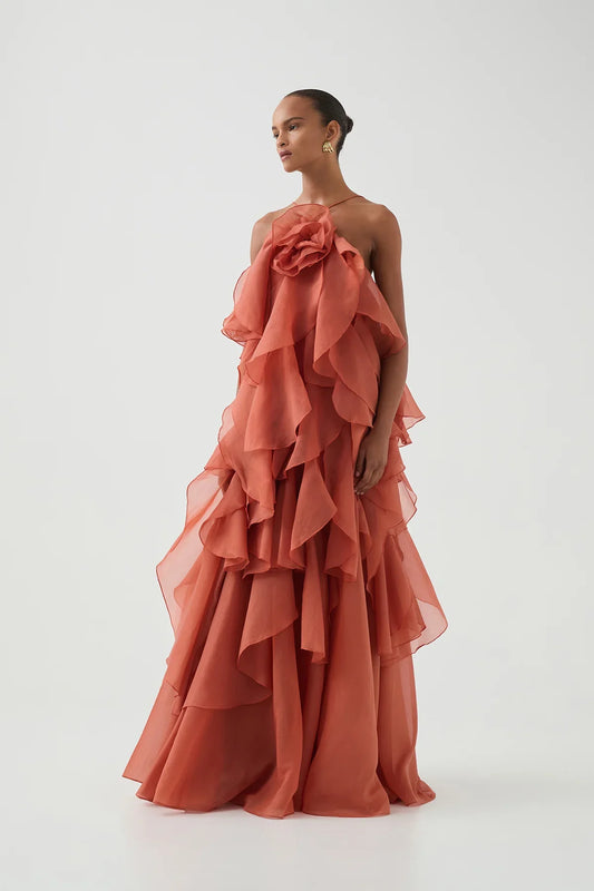 Flower layered backless maxi dress