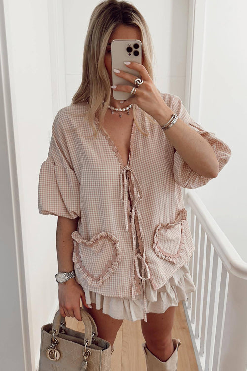 Adorably Elite Tie-Front Gingham Top - 9 Colors Beige