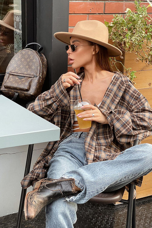 Chic Marvel Plaid Long Sleeve Top Brown