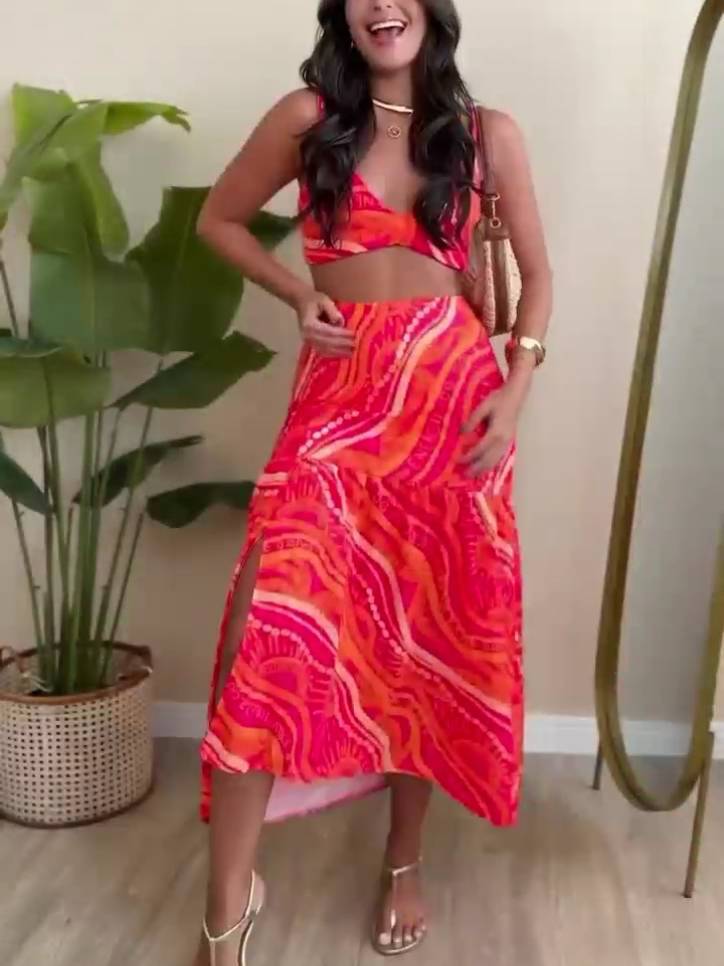 Unique Print Suspender And Skirt Two-Piece Set Printed-Red